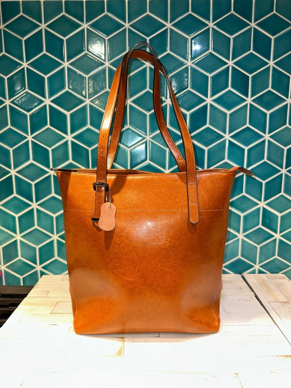 Iswee Classic Tan Leather Tote Bag - Everyday Women’s Shoulder Bag